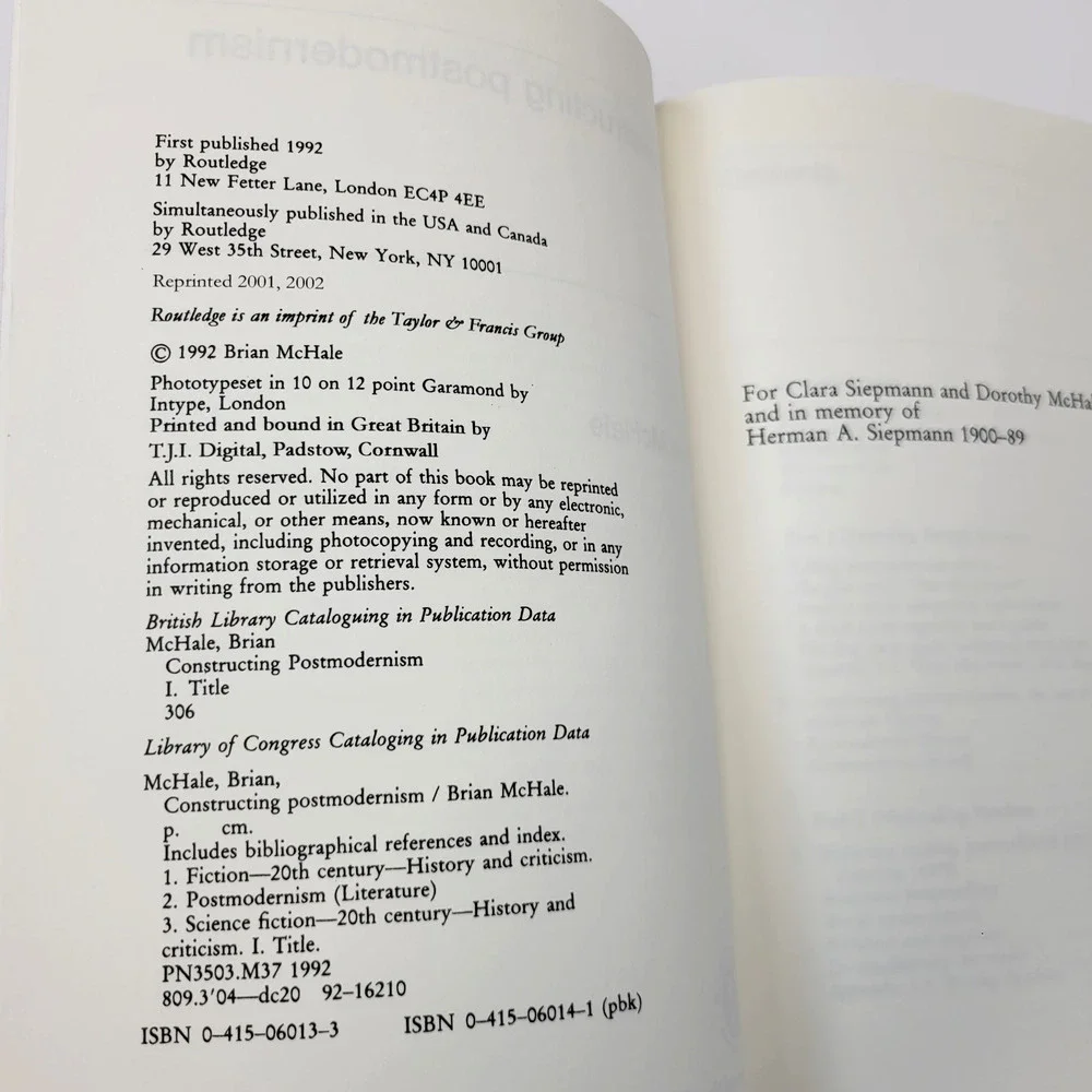 Vintage‎ 1992 Constructing Postmodernism Brian McHale Routledge White PB Theory